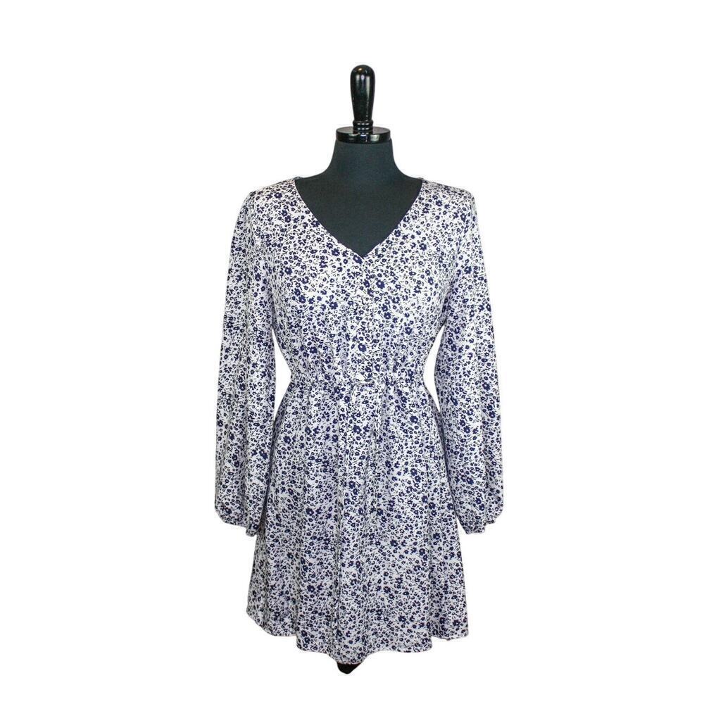 Everly Floral Mini Dress Long Sleeves Tie Waist White Black Pink M